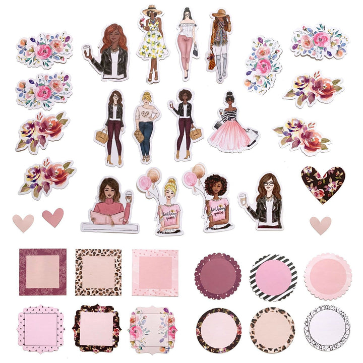 Assortment of diecut stickers featuring florals, hearts, ethnically diverse women, and square and round tags with patterned borders.