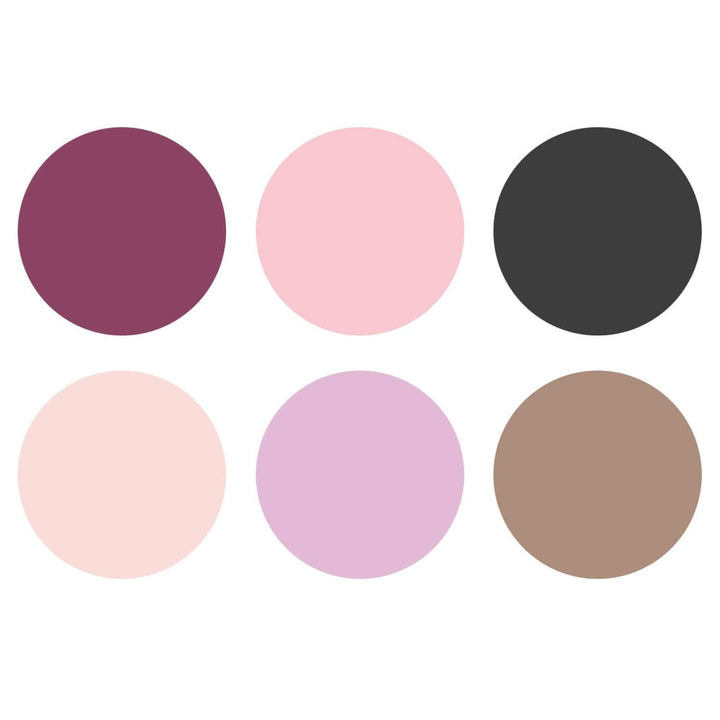 Burgundy, pink, black, beige, purple circles.