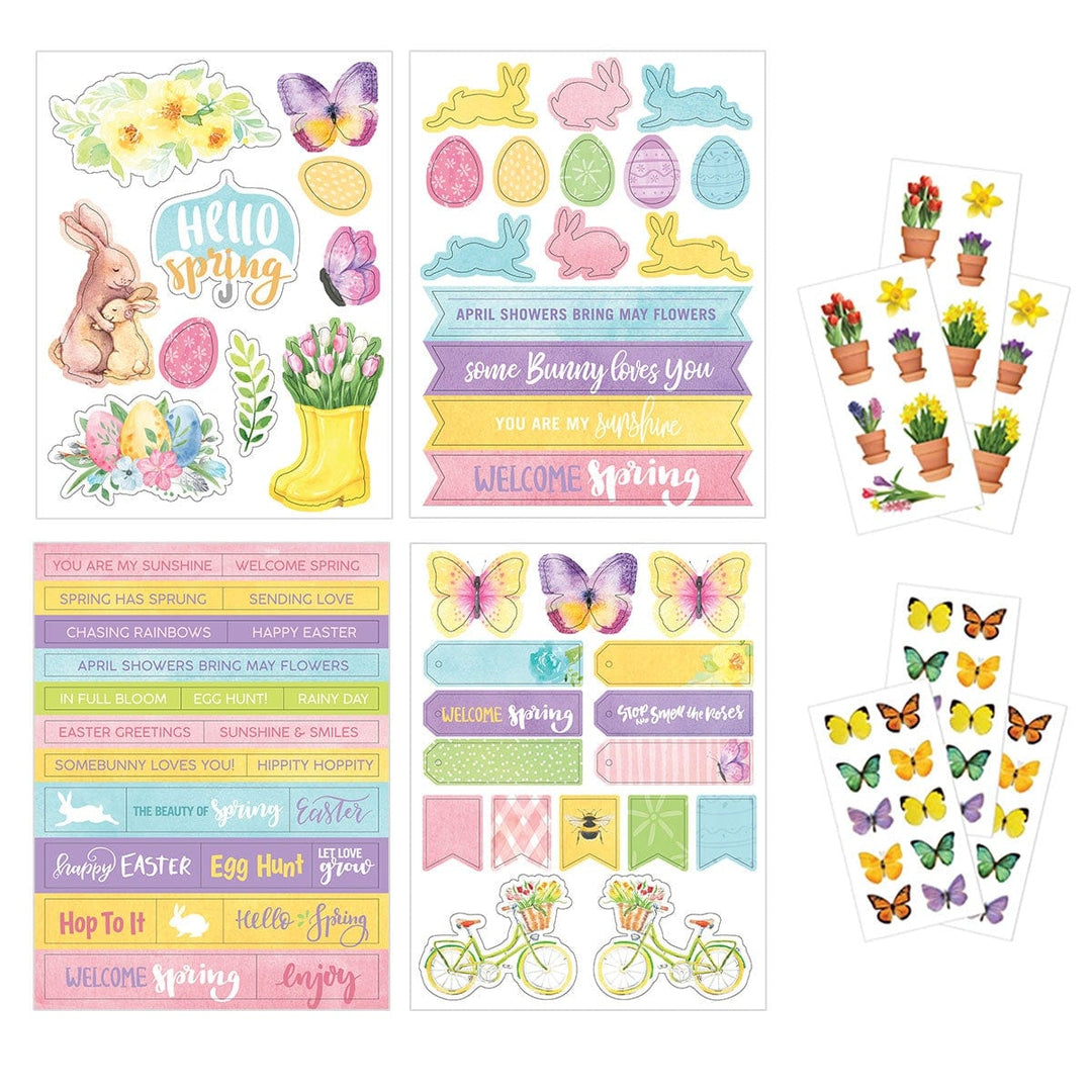 This craft kit image features sheets of spring themed, pastel colored stickers shown on a white background.