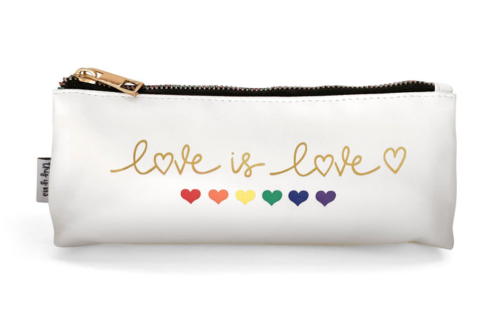 Pride pencil pouch from craft kit featuring rainbow hearts and zipper, shown on white background.