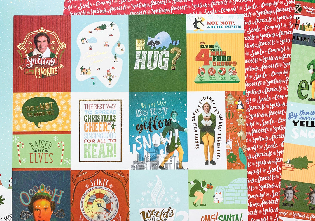 Craft kit featuring close up of tag scrapbook papers of scenes and characters from the movie Elf.