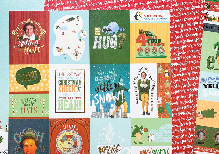 Craft kit featuring close up of tag scrapbook papers of scenes and characters from the movie Elf.