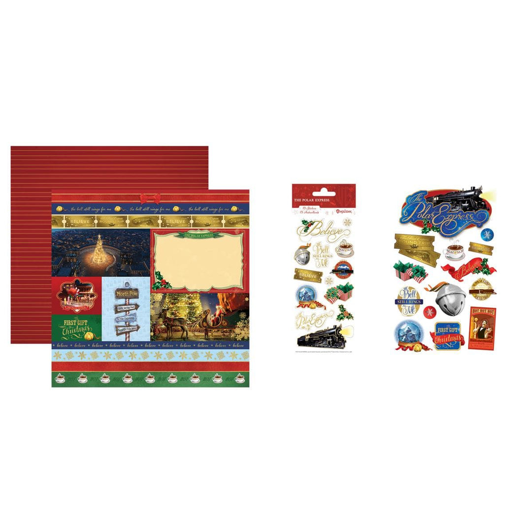 craft kit featuring a double sided scrapbook paper, a sticker sheet in package and a 3D sticker sheet of scenes and characters from the Polar Express movie, shown on white background.