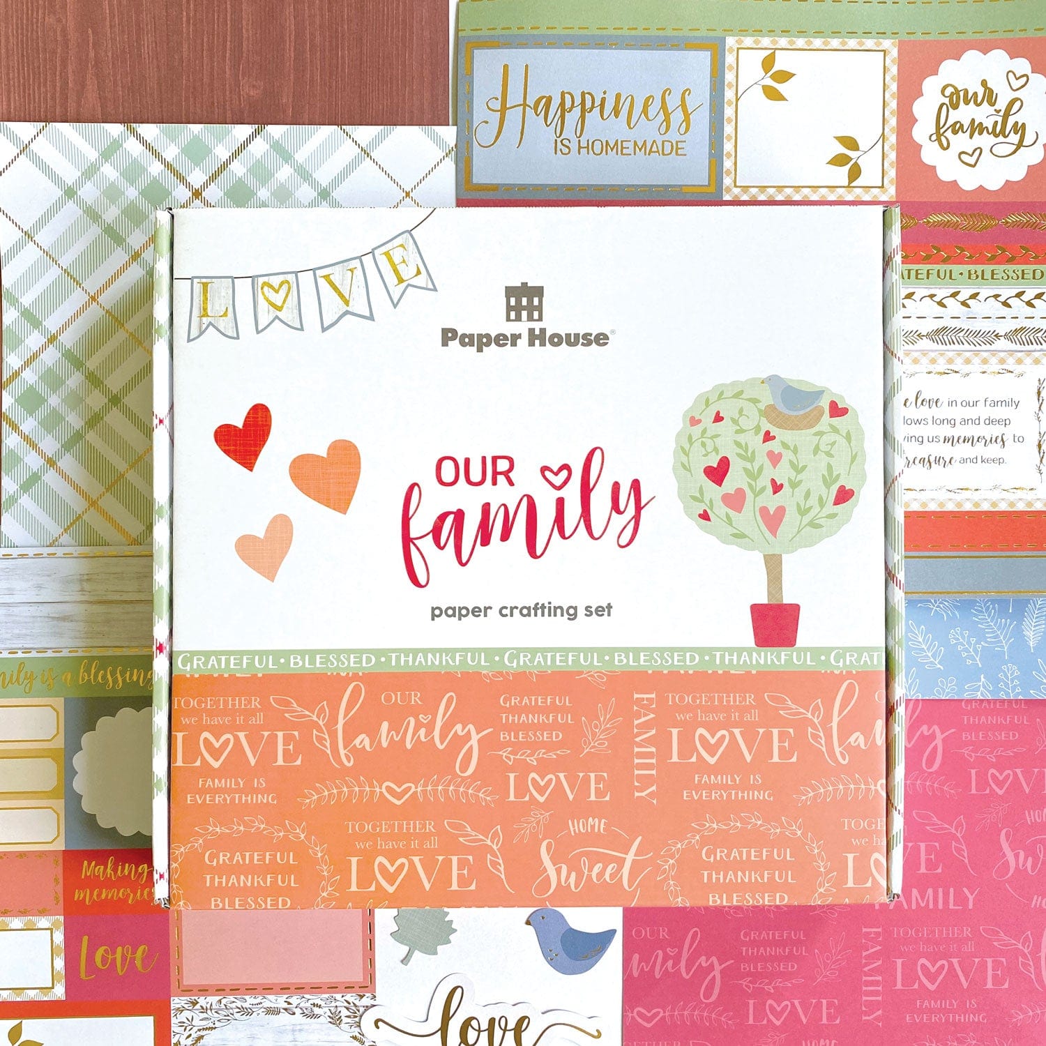 KIT-0134E - Craft Kit - Our Family - Paper House crafting set featuring family-themed designs with hearts, tree, and inspirational text in coral, green, and pink tones