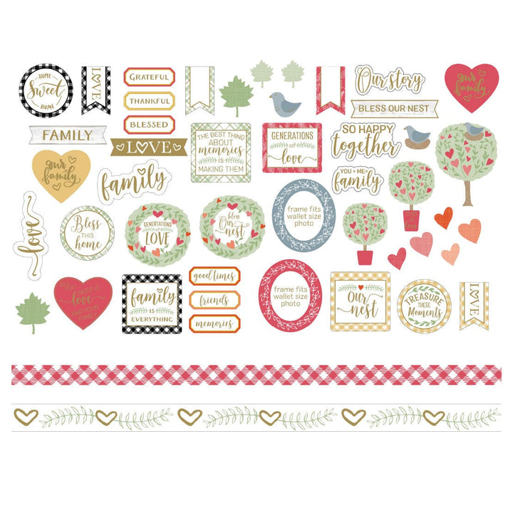 KIT-0134E - Craft Kit - Our Family - Collection of family-themed craft stickers featuring hearts, trees, banners, and text in red, green, gold, and cream colors with coordinating washi tape