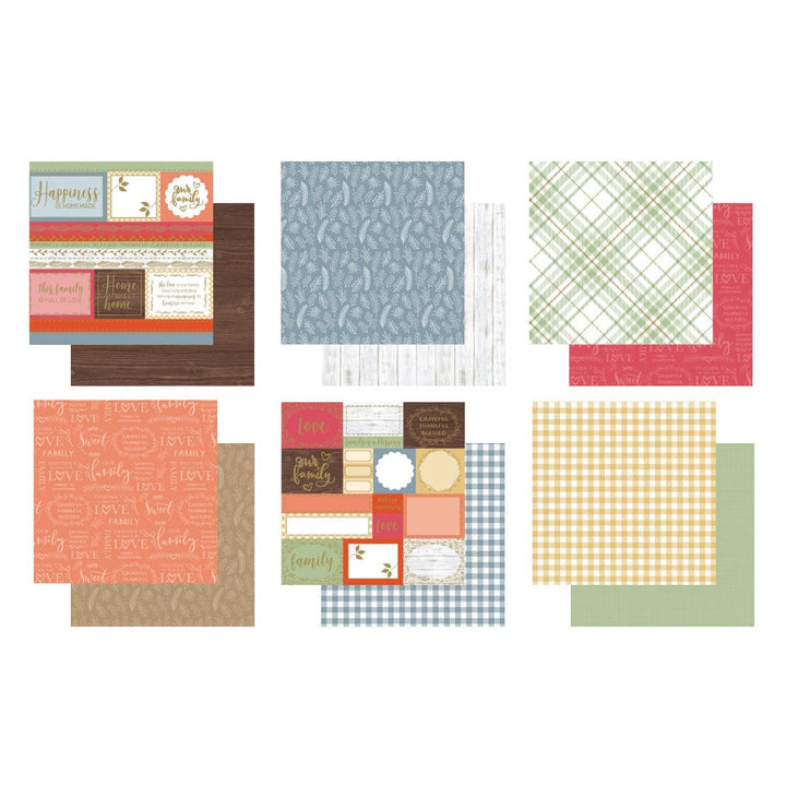 KIT-0134E - Craft Kit - Our Family - Six coordinating patterned paper sheets in warm colors including coral, blue, yellow gingham, and green plaid designs with home and family themed elements