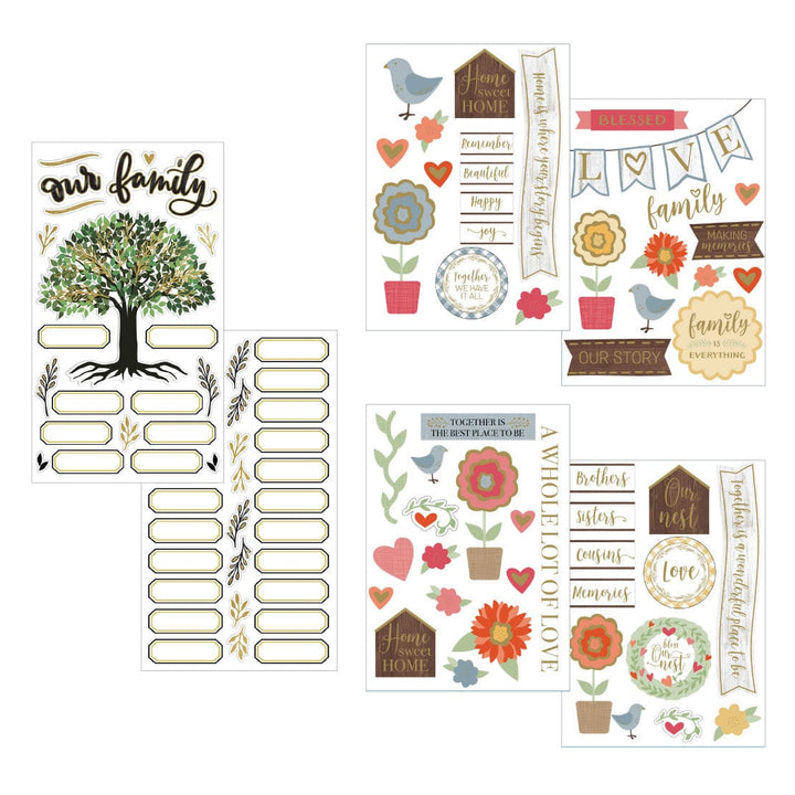 KIT-0134E - Craft Kit - Our Family - Family-themed craft kit with tree, flowers, birds, hearts, and decorative stickers and labels in cream, green, coral, and brown tones