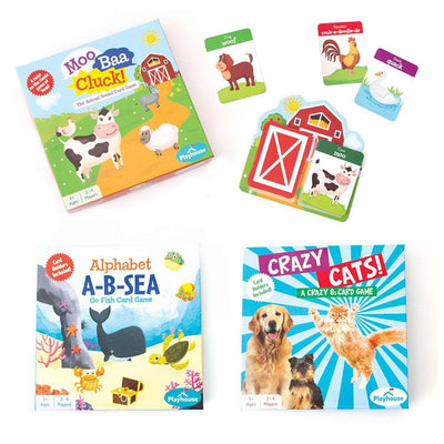 kids card games featuring farm animals, Alphabet Sea, and Crazy Cats, shown in boxes on white background.