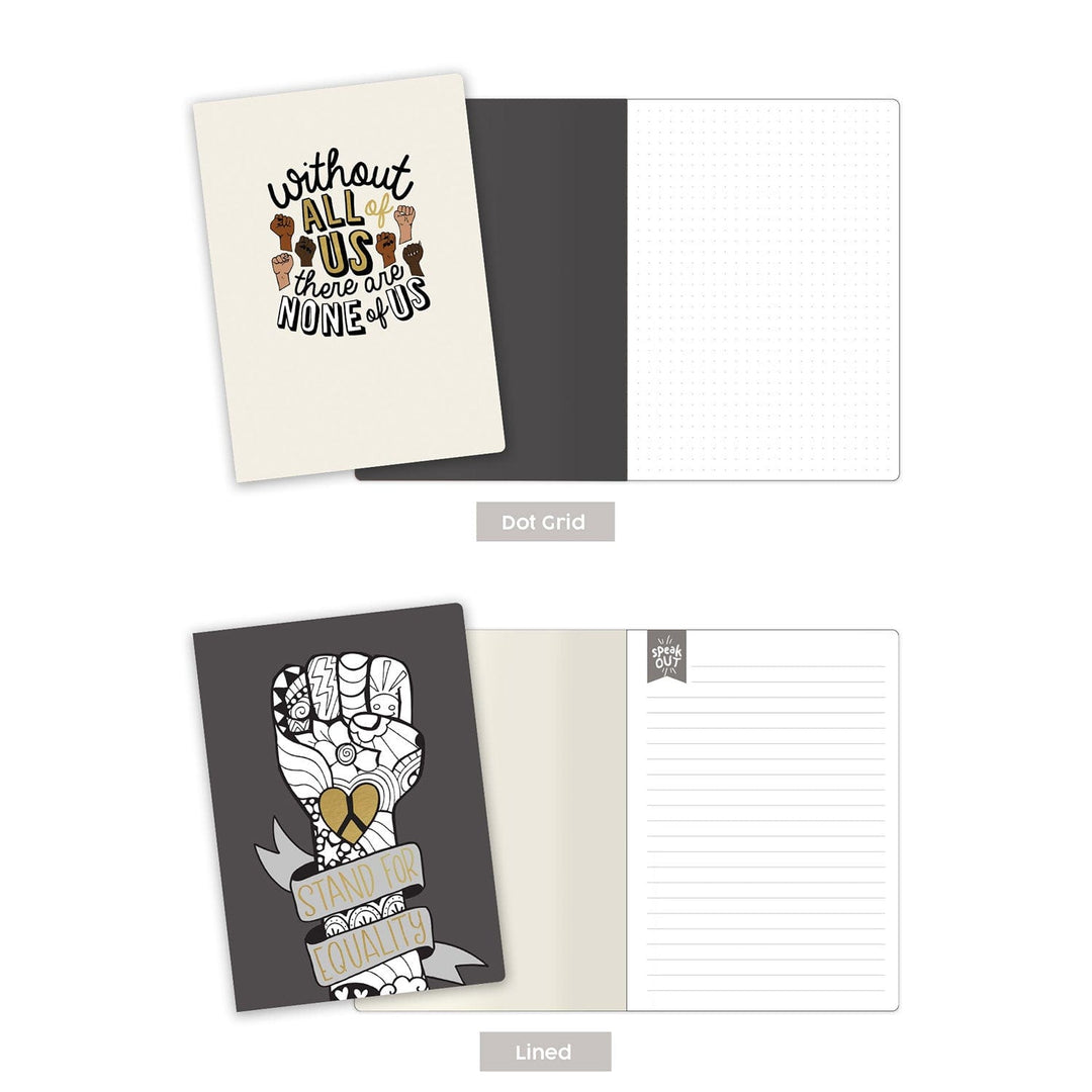 NB-0003E - Journal Notebook Set - Stand for Equality - Two notebooks with empowerment-themed designs: one cream with fist graphics and unity text, one charcoal with raised fist and "Stand for Loyalty" banner, shown open displaying dot grid and lined pages