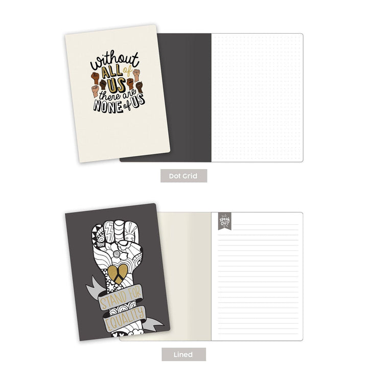 NB-0003E - Journal Notebook Set - Stand for Equality - Two notebooks with empowerment-themed designs: one cream with fist graphics and unity text, one charcoal with raised fist and "Stand for Loyalty" banner, shown open displaying dot grid and lined pages