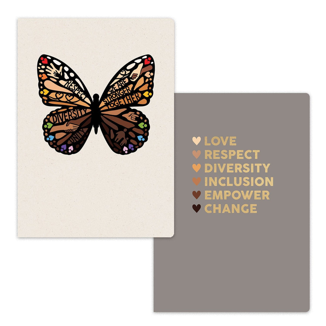 NB-0004E - Journal Notebook Set - Shades of Beauty - Two notebooks with a colorful butterfly design and text reading "Love, Respect, Diversity, Inclusion, Empower, Change" with rainbow-colored hearts