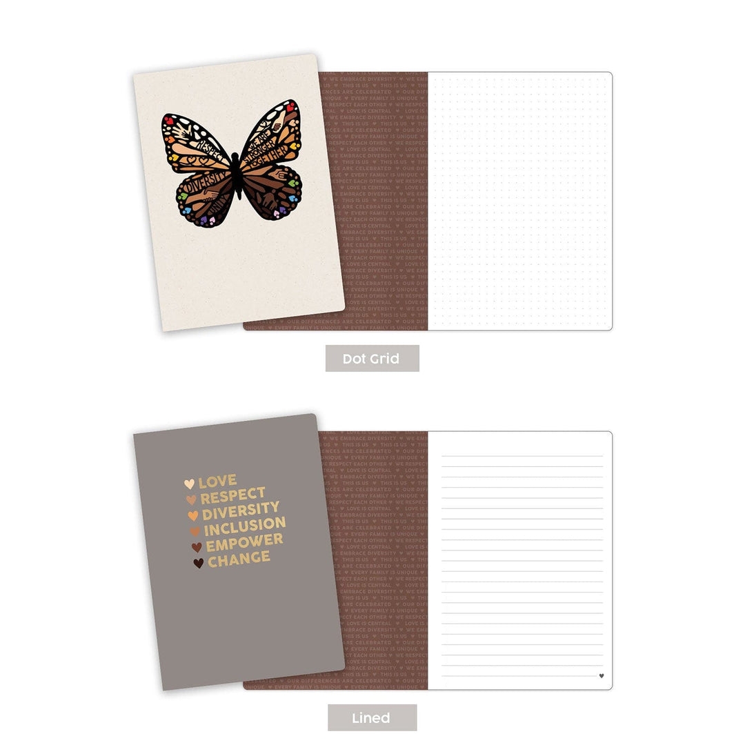 NB-0004E - Journal Notebook Set - Shades of Beauty - Two open notebooks showing dot grid and lined pages with butterfly artwork and inspirational text in brown and gold tones