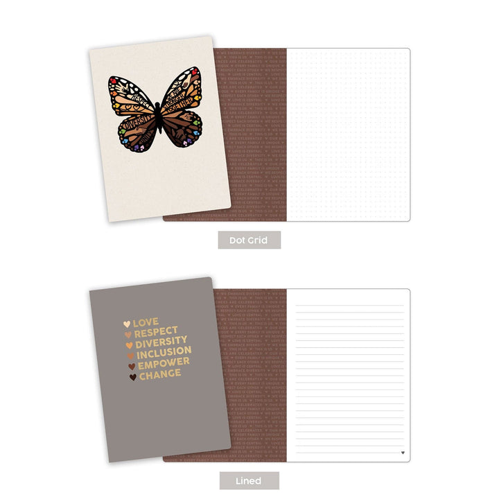 NB-0004E - Journal Notebook Set - Shades of Beauty - Two open notebooks showing dot grid and lined pages with butterfly artwork and inspirational text in brown and gold tones
