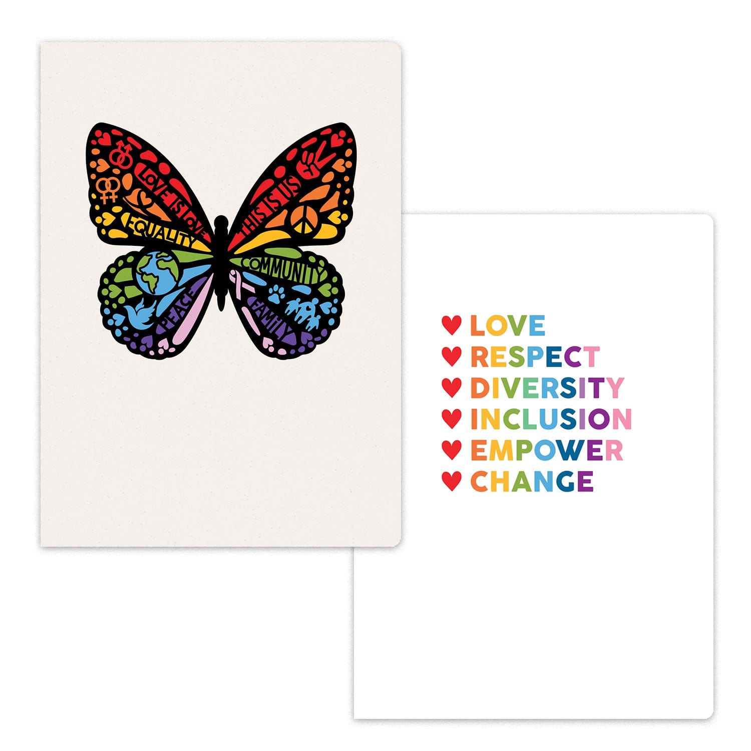 NB-0005E - Journal Notebook Set - Shades of Love - Two notebooks with rainbow butterfly design and inspirational text including "Love, Respect, Diversity, Inclusion, Empower, Change."