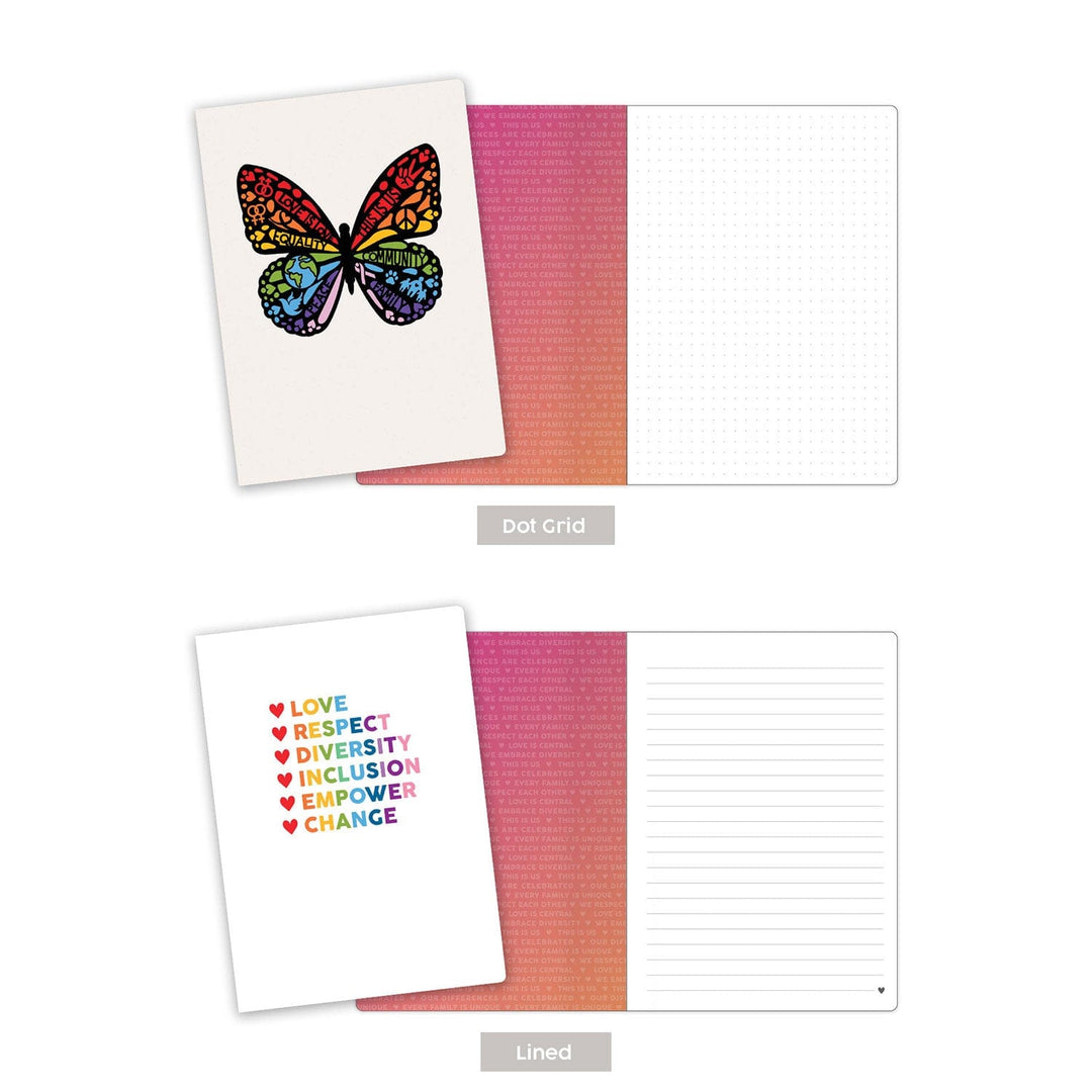 NB-0005E - Journal Notebook Set - Shades of Love - Two open notebooks showing dot grid and lined pages with rainbow butterfly and colorful hearts with love, respect, diversity, inclusion, empower, change text