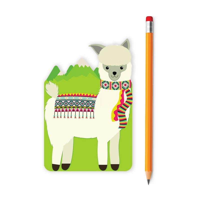 NBB-0039E - Llama Mini Notebook - Cream-colored llama wearing colorful geometric blanket on green background, displayed next to yellow pencil for scale