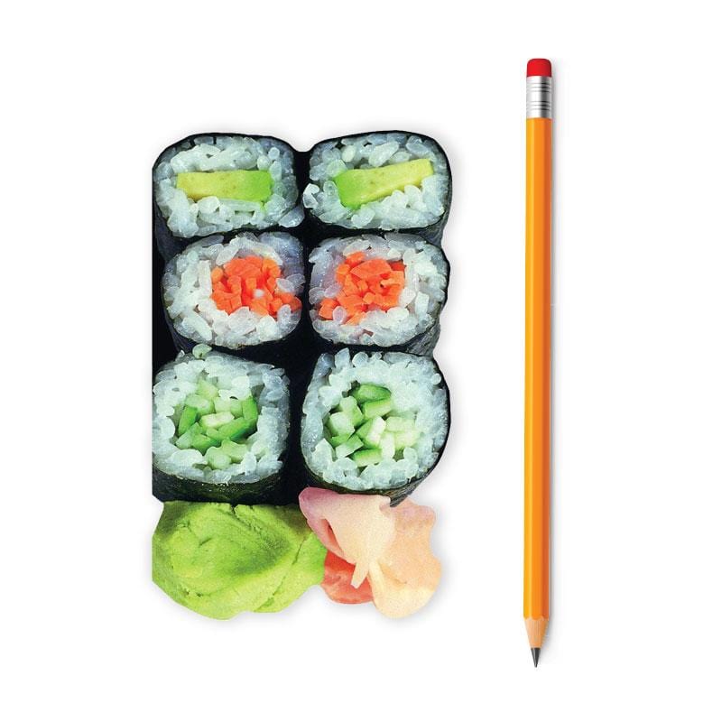 NBB-0042E - Sushi Mini Notebook - Yellow pencil next to six sushi rolls with avocado, imitation crab, and cucumber filling on white background