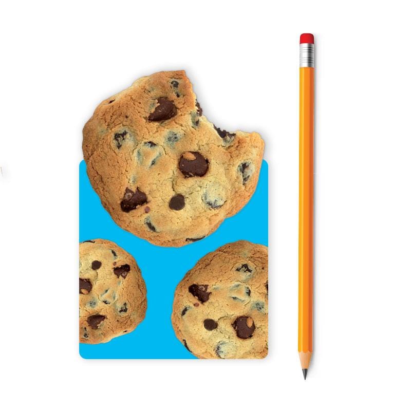 NBB-0064E - Chocolate Chip Cookies Mini Notebook - Blue mini notebook featuring chocolate chip cookie designs with a yellow pencil for scale