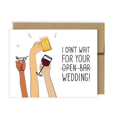 wedding note card featuring illustrated arms holding bar drinks, shown with brown envelope on white background.