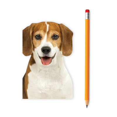 die cut mini notebook featuring a photo real beagle shown with a pencil on a white background.