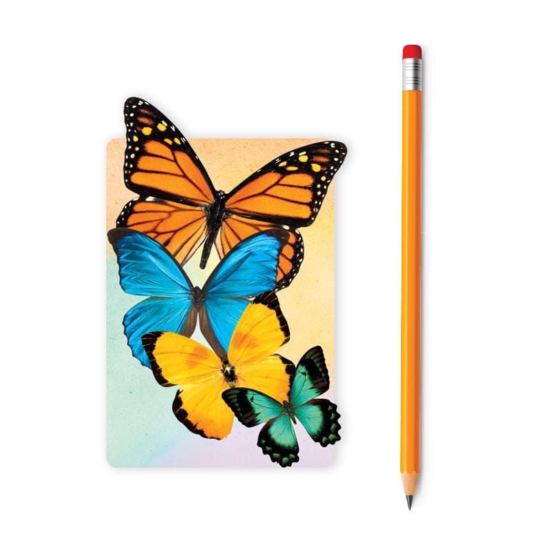 die cut mini notebook featuring 4 colorful butterflies shown with a pencil on a white background.