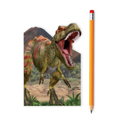 die cut mini notebook featuring a dinosaur shown with pencil on a white background.