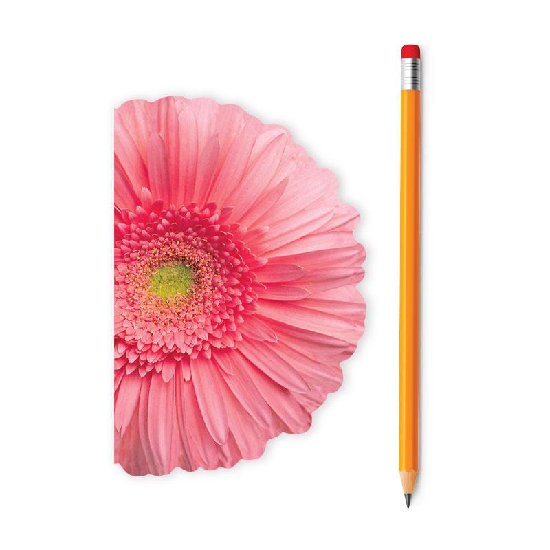 die cut mini notebook featuring a photo real pink gerbera daisy shown with pencil on white background.