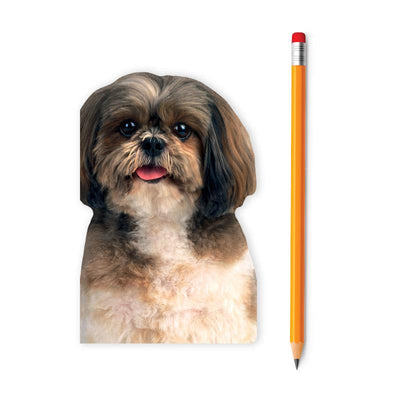 die cut mini notebook featuring a photo real shih tzu shown with pencil on a white background.
