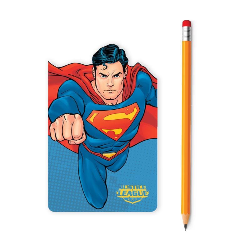 die cut mini notebook featuring superman shown with pencil on a white background.