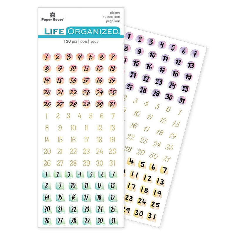 planner stickers featuring numbers in colorful circles, shown in package overlapping another sheet shown on white background.