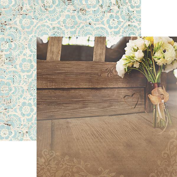 P-2006E - Scrapbook Paper - Wedding Day Bouquet - Turquoise damask patterned paper layered over wooden crate and floral arrangement background