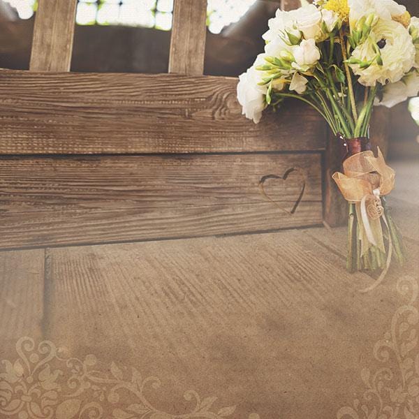 P-2006E - Scrapbook Paper - Wedding Day Bouquet - Rustic wooden background with white flowers in glass vase, heart carving, and damask pattern overlay