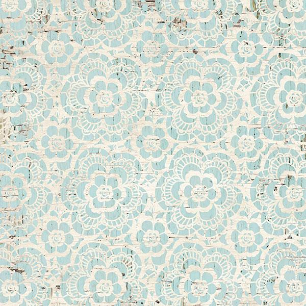 P-2006E - Scrapbook Paper - Wedding Day Bouquet - Light blue and cream floral lace pattern with distressed vintage texture throughout