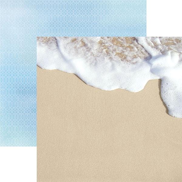 P-2026E - Scrapbook Paper - Seashore - Layered scrapbook paper featuring a light blue patterned background with a beach scene of sandy shore and white ocean waves