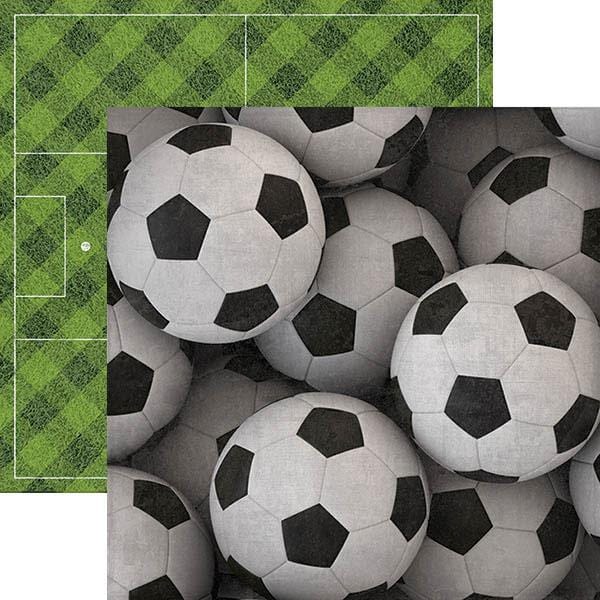 P-2053E - Scrapbook Paper - Soccer Balls - Soccer balls and grass field pattern on green and white scrapbook paper design