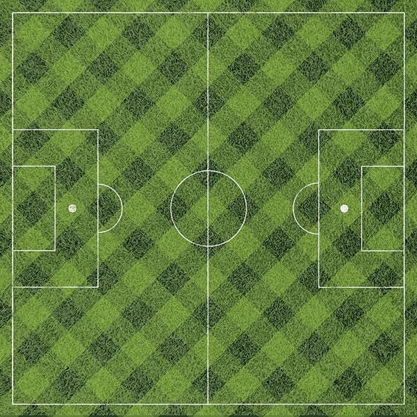 P-2053E - Scrapbook Paper - Soccer Balls - Aerial view of a soccer field with diagonal striped grass pattern and white field markings