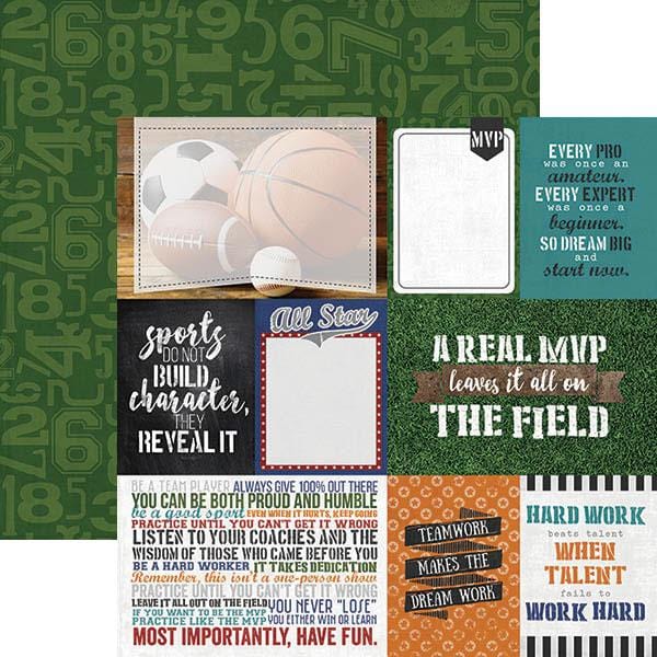 P-2058E - Scrapbook Paper - MVP Tags - Scrapbook paper sheet featuring sports-themed cards and tags with motivational quotes on green, black, orange, and teal backgrounds