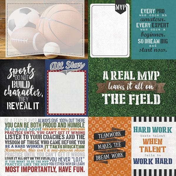 P-2058E - Scrapbook Paper - MVP Tags - Sports-themed scrapbook papers and tags featuring motivational quotes about teamwork, hard work, and athletic achievement in various colors and designs
