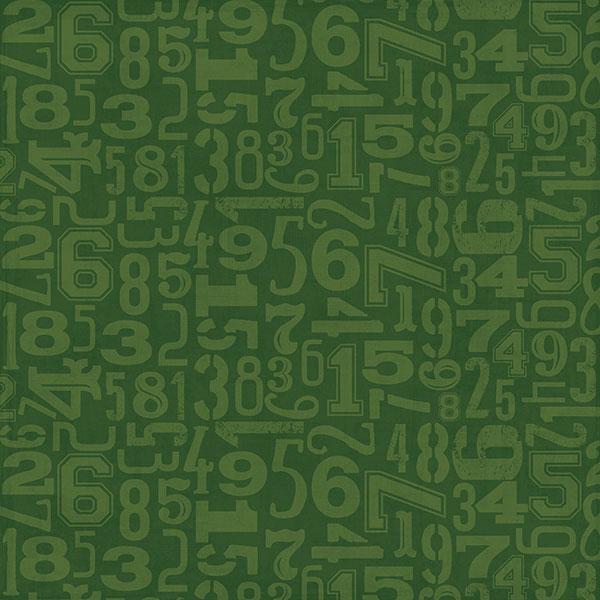 P-2058E - Scrapbook Paper - MVP Tags - Green scrapbook paper featuring a repeating pattern of various numbers and numerical symbols in multiple shades of green