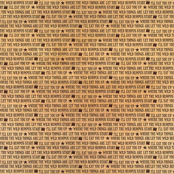 scrapbook paper featuring a pattern of words from Where the Wild Things Are on a tan background.