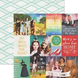 P-2081E - Scrapbook Paper - Wizard of Oz Tags Double-Sided - Double-sided scrapbook paper featuring colorful Wizard of Oz themed tags and quotes on white background with teal geometric pattern