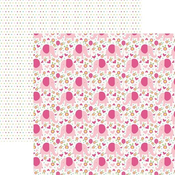 P-2105E - Scrapbook Paper - Pink Elephants - Double-sided scrapbook paper featuring pink elephants and balloons on one side, colorful polka dots on the reverse