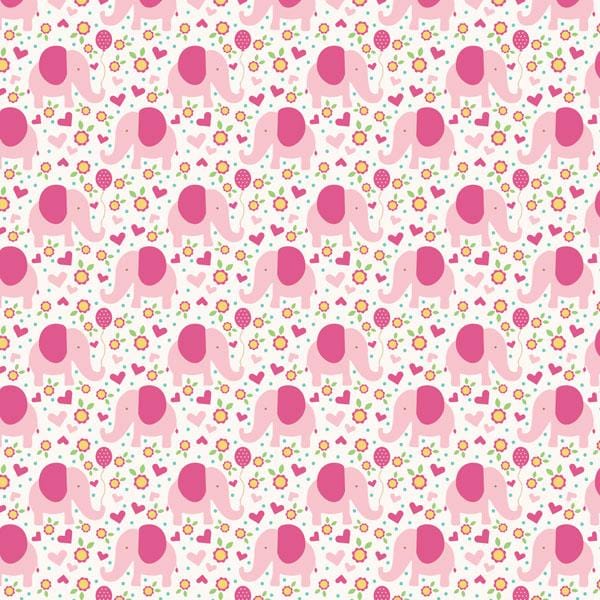 P-2105E - Scrapbook Paper - Pink Elephants - Repeating pattern of pink elephants with flowers, hearts, and decorative elements on a light pink background