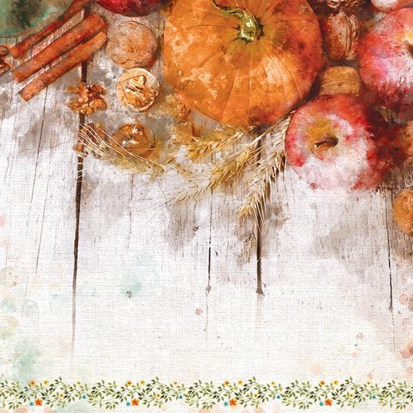 P-2114E - Scrapbook Paper - Pumpkin Spice - Autumn-themed scrapbook paper featuring pumpkins, apples, walnuts, cinnamon sticks, and wheat on whitewashed wood background