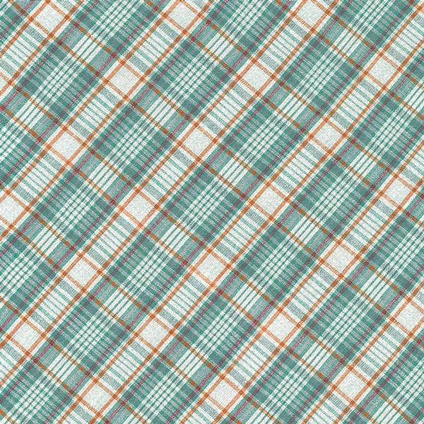 P-2114E - Scrapbook Paper - Pumpkin Spice - Diagonal plaid pattern in teal, cream, and orange colors on textured fabric