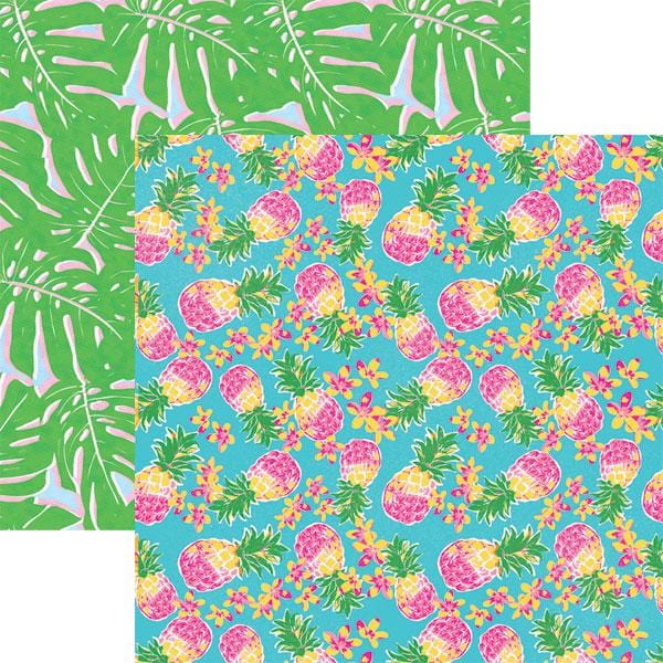P-2138E - Pineapples Double-Sided 12x12 Paper - Double-sided decorative paper featuring pineapples and florals on turquoise and green backgrounds