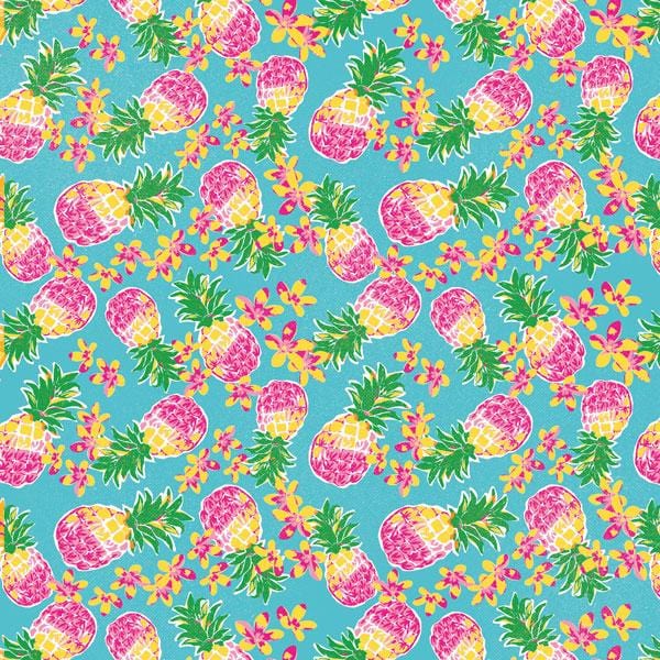 P-2138E - Pineapples Double-Sided 12x12 Paper - Turquoise background with repeating pattern of pink and yellow pineapples and colorful flowers