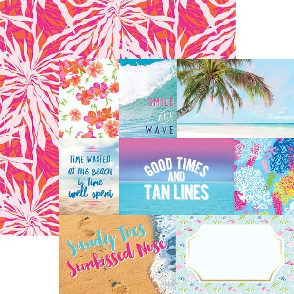 P-2139E - Scrapbook Paper - Paradise Found Tags - Colorful scrapbook paper tags featuring tropical designs, beach quotes, pink florals, and ocean scenes in bright pink, turquoise, and coral tones