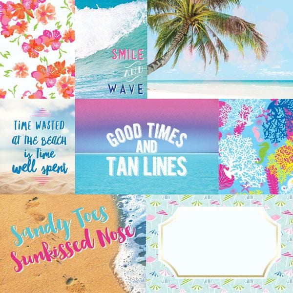 P-2139E - Scrapbook Paper - Paradise Found Tags - Colorful scrapbook paper sheet featuring beach and tropical-themed designs with text overlays like "Good Times and Tan Lines" and "Smile and Wave."