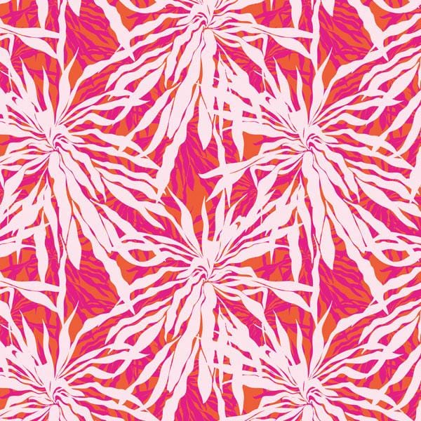 P-2139E - Scrapbook Paper - Paradise Found Tags - Vibrant pink and orange abstract floral burst pattern with radiating striped petals on white background